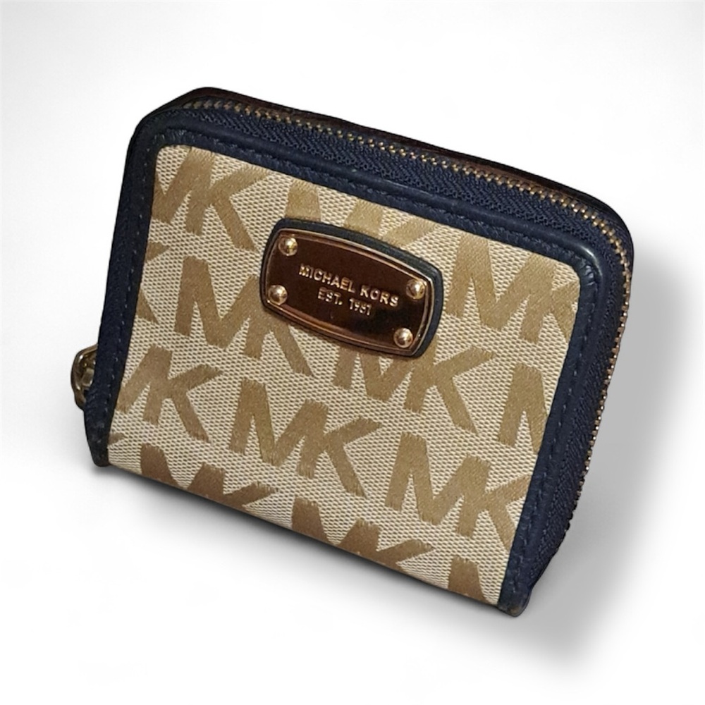 MICHAEL KORS MKSignature Jacquard Zip Around Wallet Tan/Navy